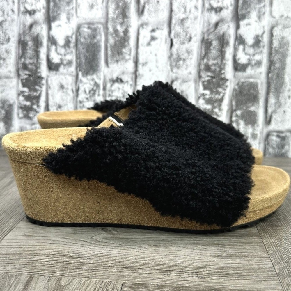 Papillio by Birkenstock Sibyl Sandals Women 6 Black Shearling Wedge Slide New